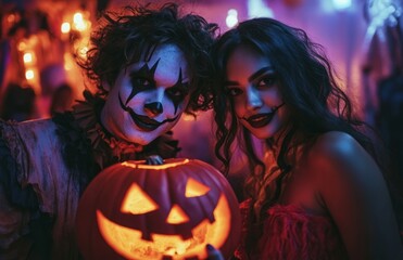 A young man in a clown costume and a woman in red dress holding pumpkin at Halloween party