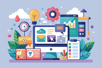 A lively workspace illustrates various digital tools and customizable icons in playful proportions, Customizable art with disproportionate illustrations.