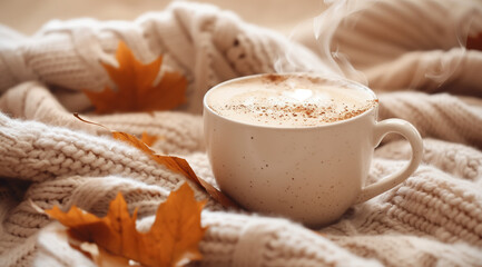 Steaming cappuccino, cozy autumn leaves blanket