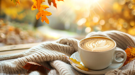 Steaming cappuccino, cozy autumn leaves blanket