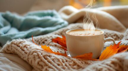 Steaming cappuccino, cozy autumn leaves blanket