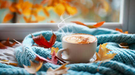 Steaming cappuccino, cozy autumn leaves blanket