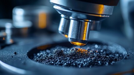 A close-up of biochar particles being analyzed under a microscope, highlighting their porous structure and ability to retain nutrients