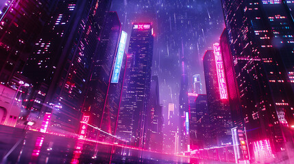 Obraz premium Beautiful neon night in a cyberpunk city. Illustration of the futuristic city skyscraper