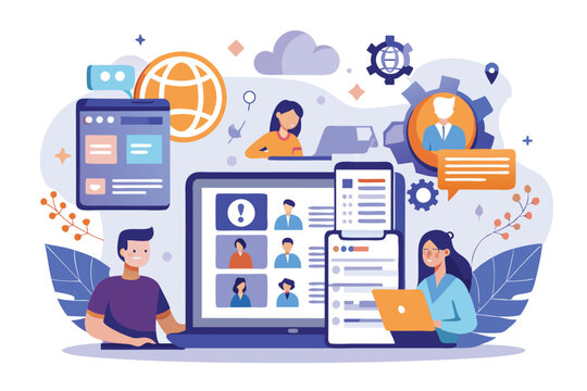 A vibrant illustration depicts a team collaborating online using customizable intranet tools and resources, Customizable Intranet Illustration