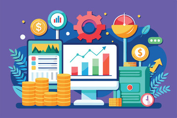 Fototapeta premium Illustration displays customizable investment data with graphs, coins, and tools for managing finances efficiently, Customizable investment data illustration