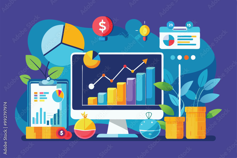 Poster a colorful workspace featuring customizable investment data on a computer alongside various charts a