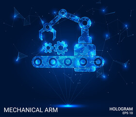 Mechanical arm hologram created with polygons and lines. A low-poly design symbolizing automation and technology in a futuristic, vector-based concept.