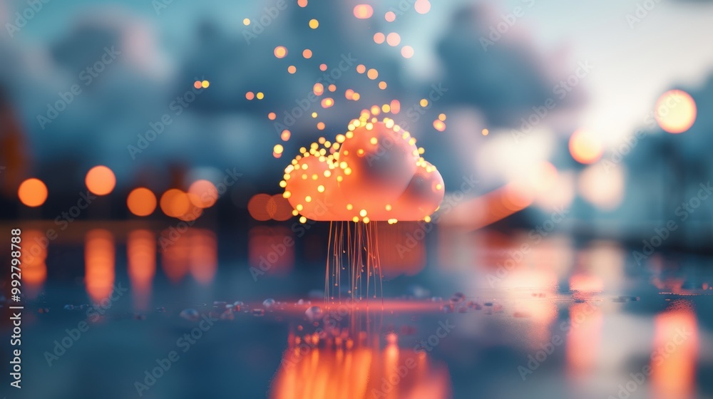 Poster explore surreal cloud computing with ai and big data, featuring floating neural networks and luminou