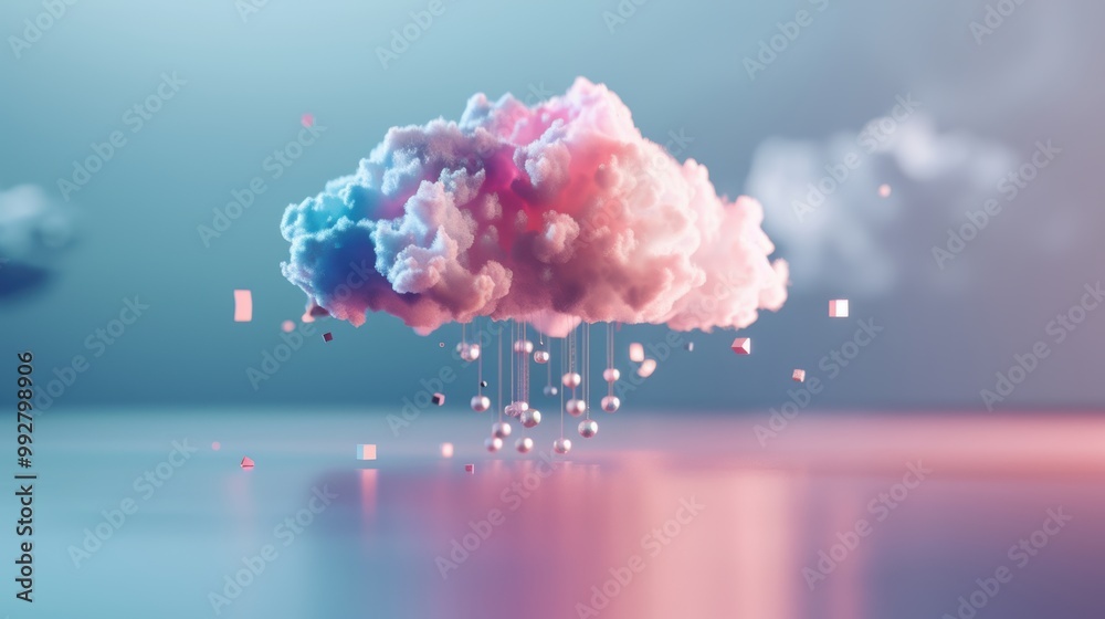 Poster explore surreal cloud computing with floating applications transforming into ethereal cloud formatio
