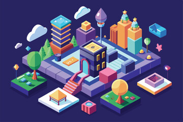 A lively urban environment showcases colorful buildings and playful parks, inviting creativity and interaction, Customizable Isometric Illustration by Acorns