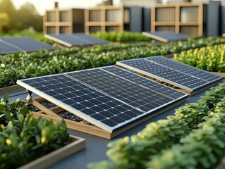 Fototapeta premium Futuristic solar energy network with panels on every rooftop and field, creating a connected sustainable energy system