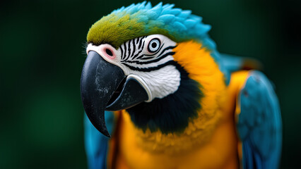Obraz premium close-up photorealistic photograph of a vibrant blue and yellow macaw's face showcasing its intricate feathers sharp beak and expressive bright black eyes