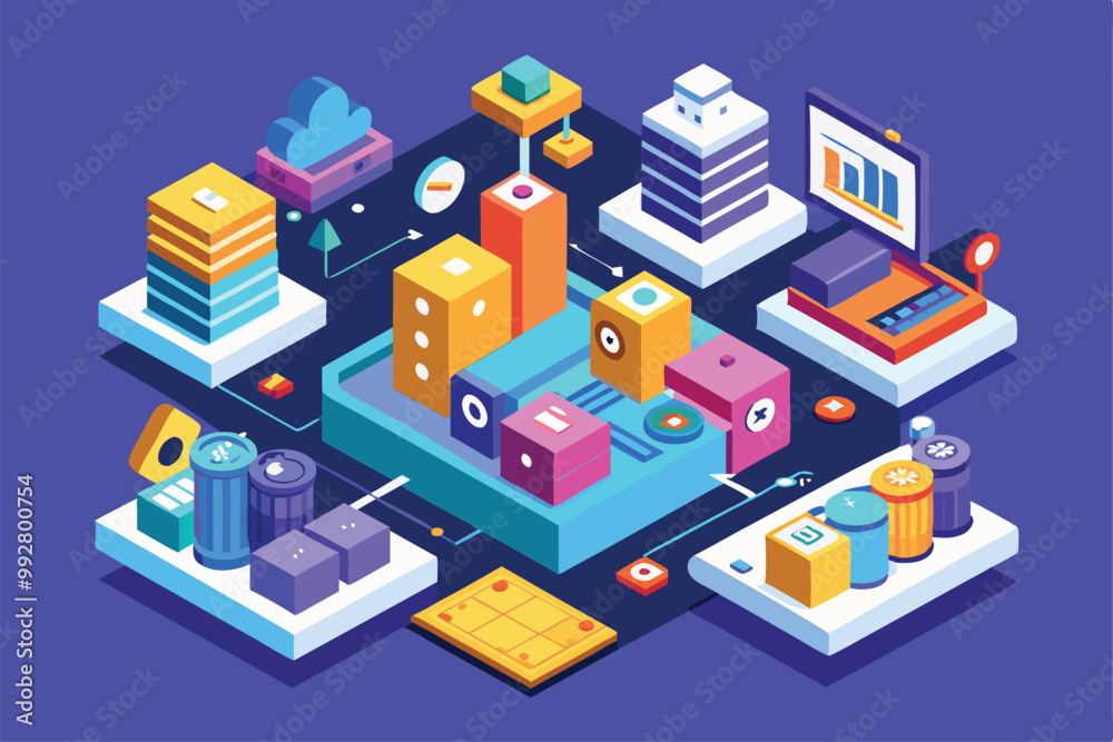 Poster a colorful workspace design features various tech elements and customizable options, enhancing creat