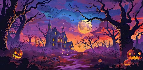 A spooky haunted house surrounded by eerie trees and pumpkins under the full moon in a purple and orange sky