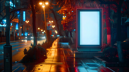 Blank white vertical digital billboard poster on city street bus stop sign at night. Street advertising bus stop mockup