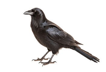 Fototapeta premium Black Raven Standing In Profile With Glossy Feathers On White Background