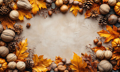 Obraz premium Autumn harvest arrangement with nuts, seeds, and gourds on a warm textured background. Cozy and festive atmosphere, perfect for fall-themed events or decorations.
