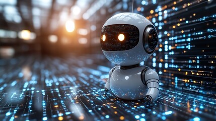 A digital world with AI chatbots, androids, and coding highlights the future of automated computer programming and knowledge sharing.