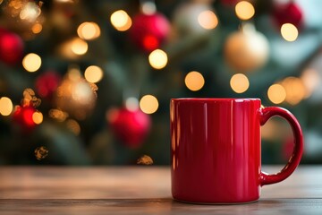 Red Mug Mockup with Blurred Christmas Tree and Ornaments in Background