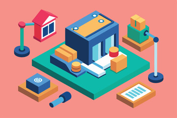 Obraz premium An isometric illustration showcases a vibrant auction setup with houses, boxes, and bidding tools, Customizable isometric illustration for auction.