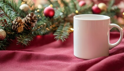 Christmas Mug Mockup with Ornaments and Festive Pine Branches on Red Fabric