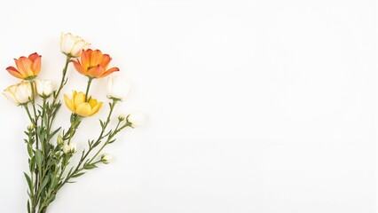 Obraz premium Colorful ranunculus bouquet with orange, yellow, and white flowers on a white background with copy space