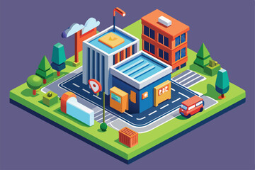 Naklejka premium A vibrant isometric cityscape featuring modern buildings, roads, trees, and a parked car, Customizable isometric illustration for buildings.