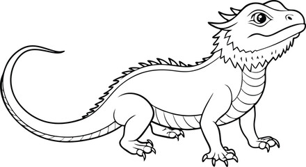 Bearded dragon line art animal silhouette vector icon, illustration on black and white.