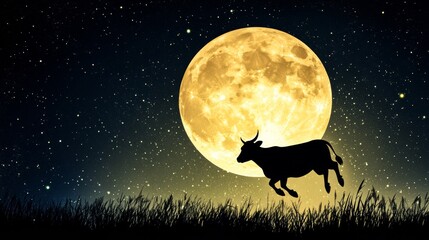 Silhouette of a jumping bull against the background