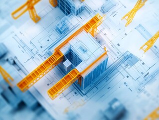 Construction Site with Cranes and Blueprints