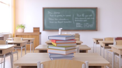 Stack of books on a desk in an empty classroom.