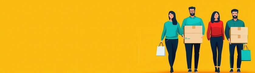 Four people carrying shopping bags and boxes on a bright background.