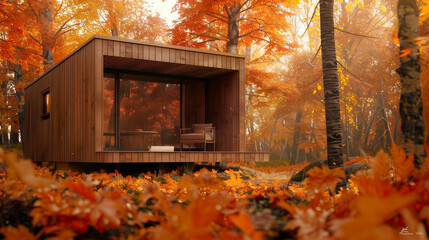 Сozy wooden modern cabin surrounded by vibrant autumn foliage
