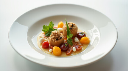 A beautifully arranged plate showcases stuffed tomatoes topped with breadcrumbs, surrounded by colorful garnishes like cherry tomatoes and herbs, highlighting culinary artistry