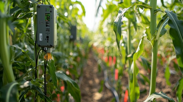 A close-up of sensors attached to crops, collecting data on growth conditions and sending it to a central system