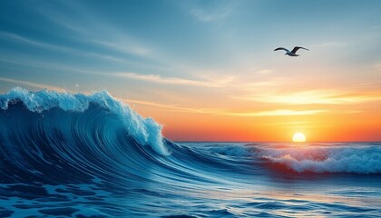Fototapeta premium 3d sea waves layered background with a birds and sunset