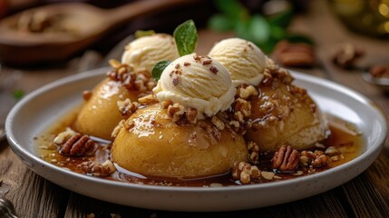 Delicious baked pears with nuts and ice cream on a wooden table
