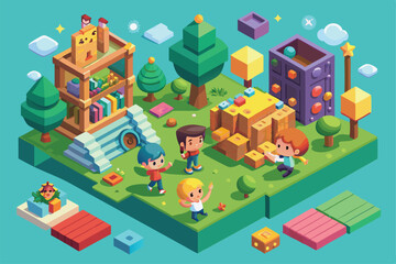 Children engage in creative play at a whimsical park filled with trees, buildings, and colorful blocks, Customizable isometric illustration for curious children.