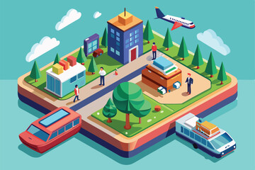 A lively urban area showcases various transportation options and people preparing for departure activities, Customizable isometric illustration for departure.