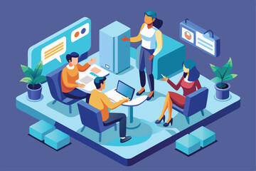 Team members engage in discussion, sharing ideas around a table in a stylish office environment, Customizable isometric illustration for discussion.