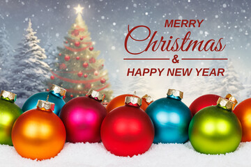 Merry Christmas card greetings decoration with tree background