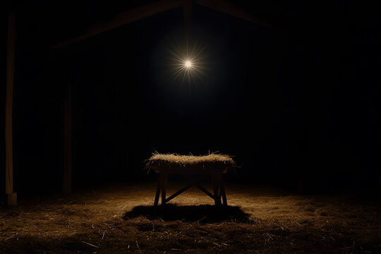 An empty manger with a bright star as a concept of Nativity scene