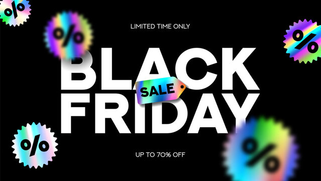 Black Friday typography banner. Minimalist text symbol of Black Friday with holographic stickers and discount offer. Design template for Black Friday sale, advertising and social media.