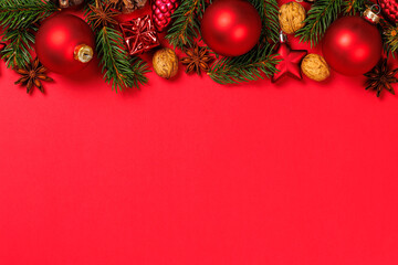 Christmas decoration card with balls baubles background and copyspace copy space