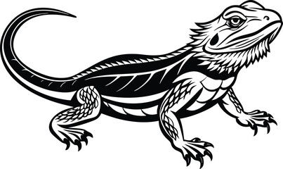 Bearded dragon line art animal silhouette vector icon, illustration on black and white.