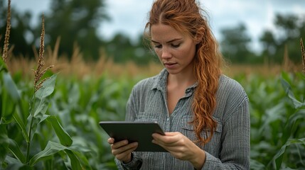 A female agronomist using a tablet in a cornfield, analyzing crops with technology after hail damage in a modern agricultural setting.
