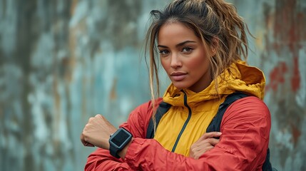 A female athlete looks at her smartwatch while exercising outdoors, illustrating the integration of fitness and technology.