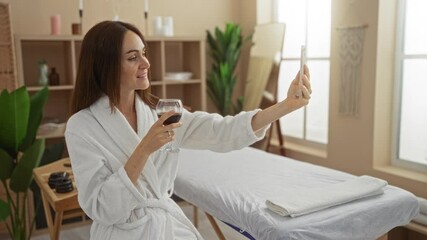 Young woman in a spa salon wearing a white robe holding a glass of wine and having a video call in a relaxing beauty center room with plants and massage table