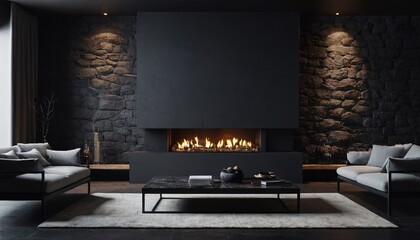 Industrial loft living room with fireplace, 3D render
49